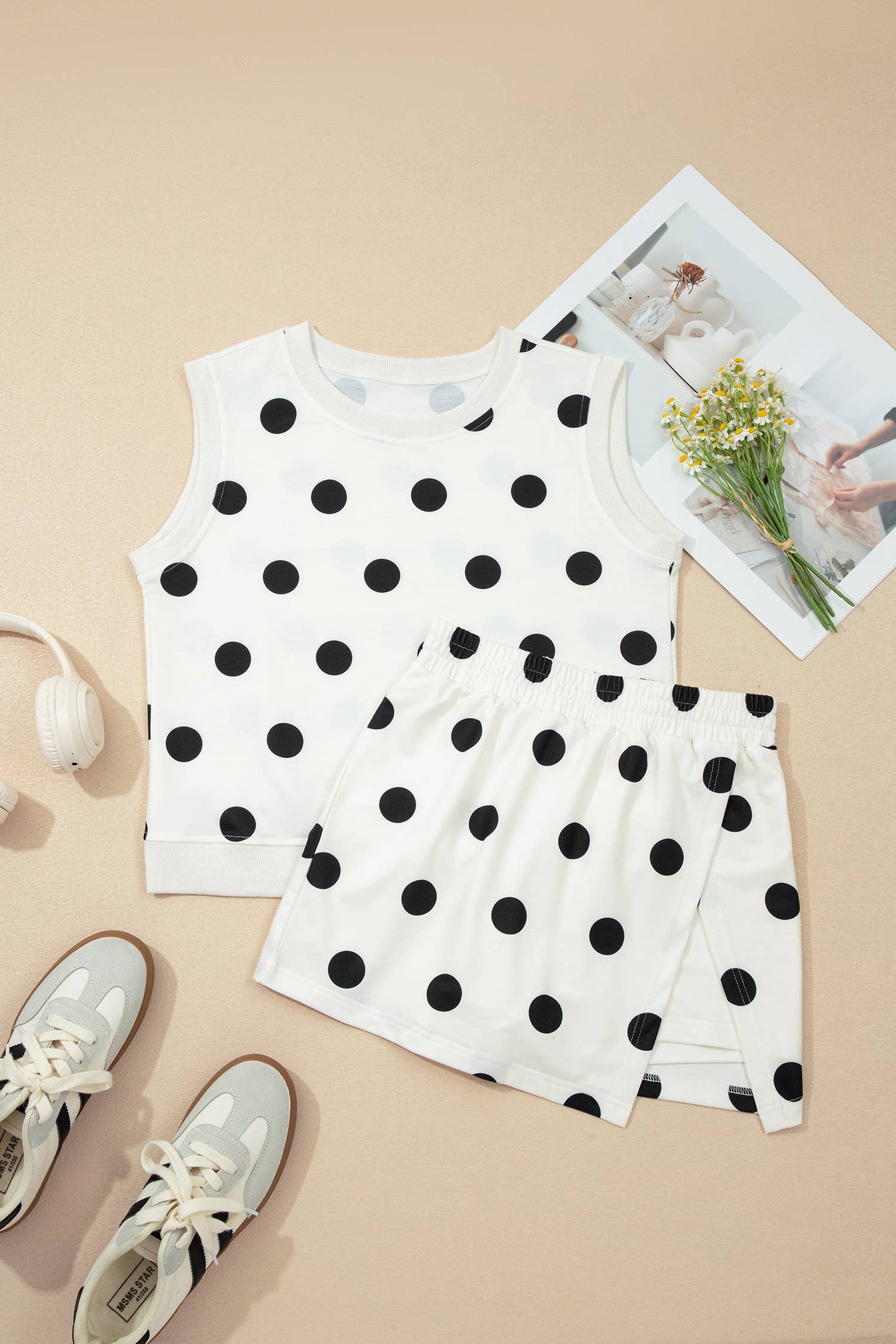 Ribbed Trim Polka Dot Tank Split Mini Skort Set