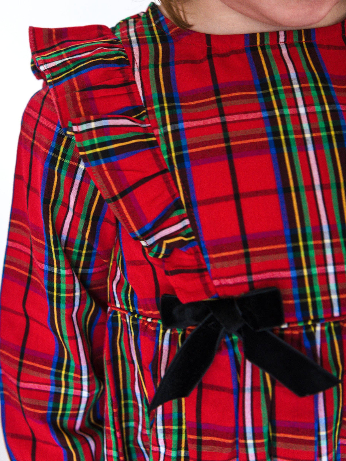 Girls Red Nicholas Plaid Woven Long Sleeve Waterfall Bow Dress