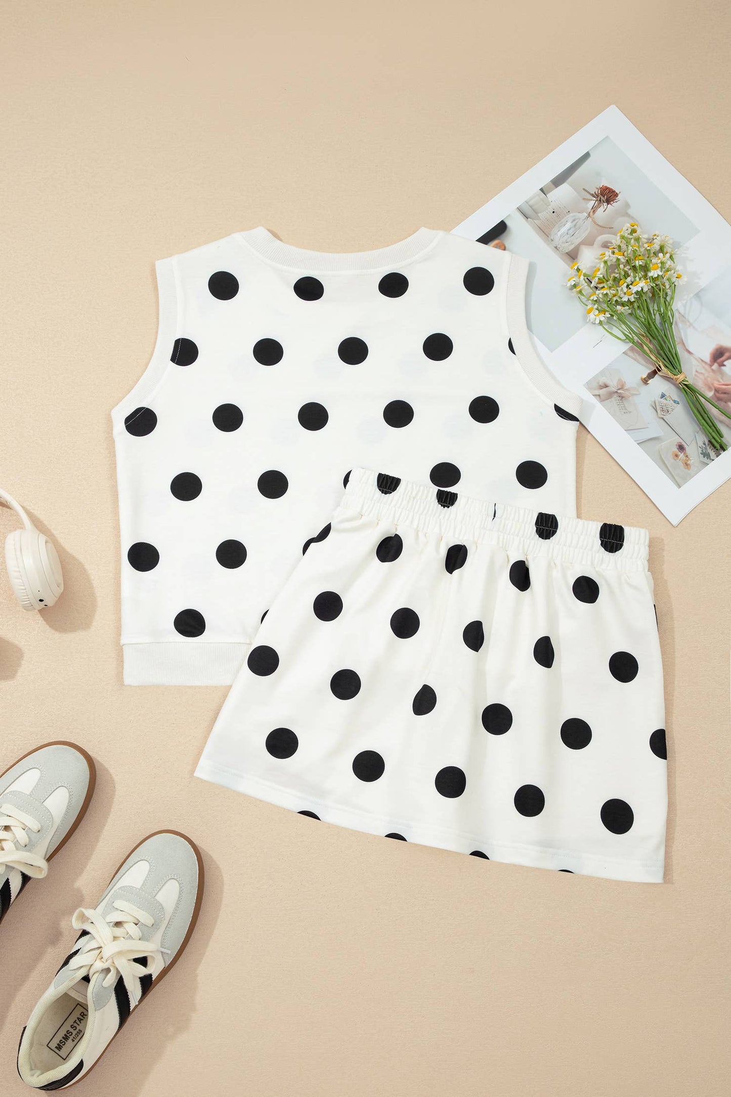 Ribbed Trim Polka Dot Tank Split Mini Skort Set