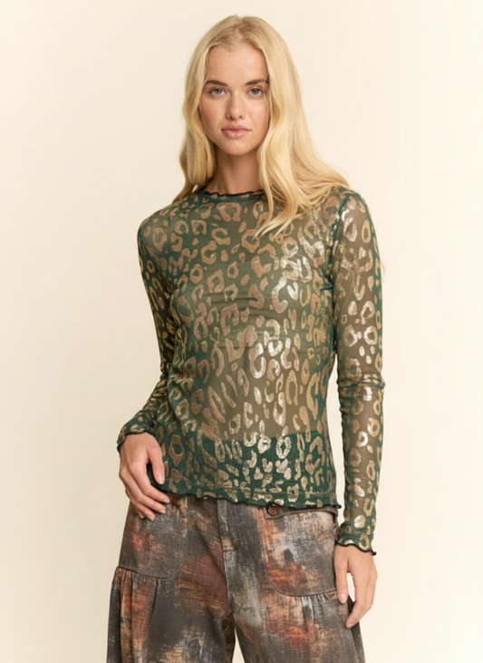 METALLIC LEOPARD SHEER MESH TOP