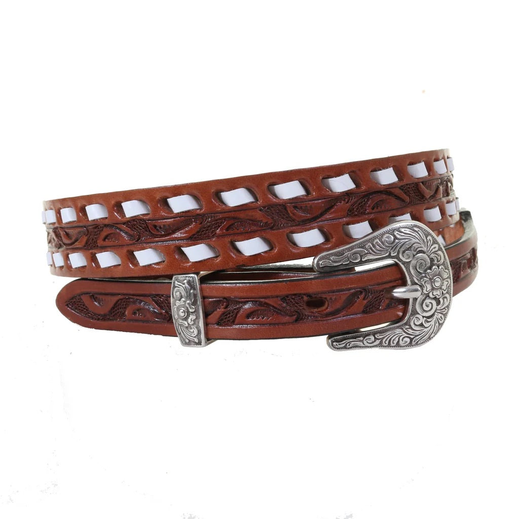 B1122- chestnut tooled narrow belt