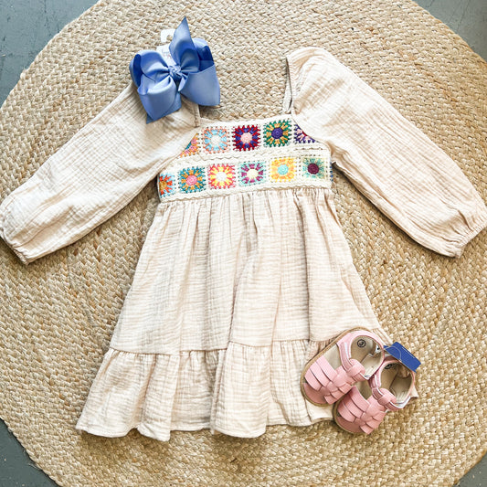 Granny Square Long Sleeve Kids Dress