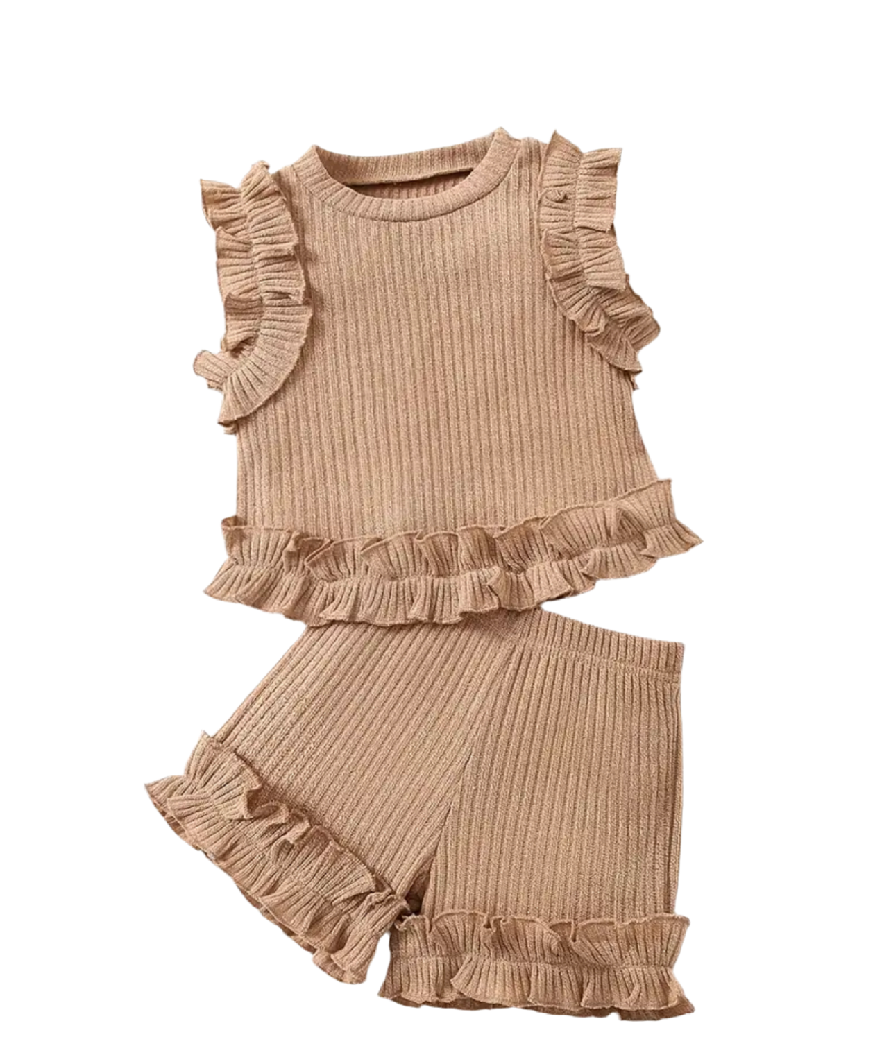 Tan Ruffle & Ribbed Set