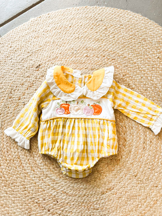 Yellow gingham pumpkin patch romper