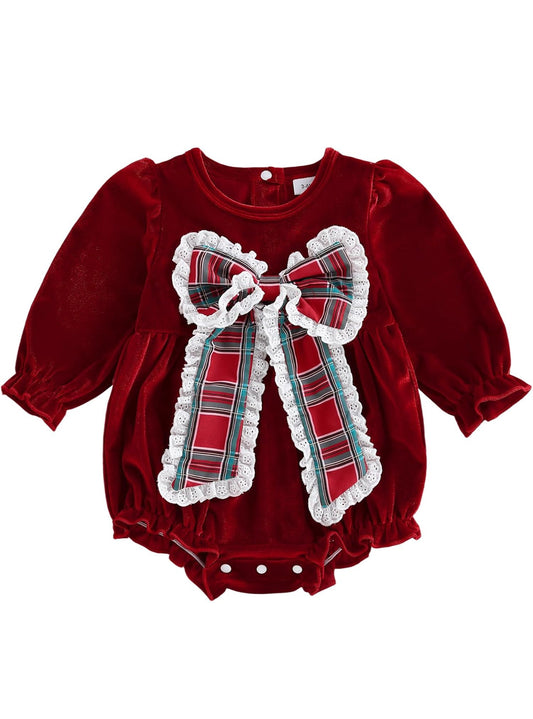 Holiday Plaid Bow Velvet Baby Romper