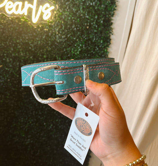 B1225D Turquoise Suede Pink Stitching Belt