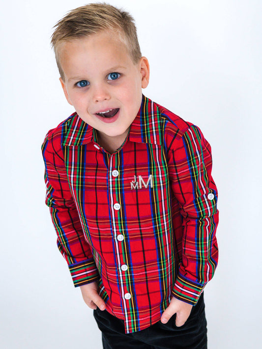Boys Red Nicholas Plaid Long Sleeve Button Down Shirt