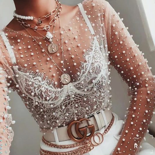 Pearl Rhinestone Mesh Top