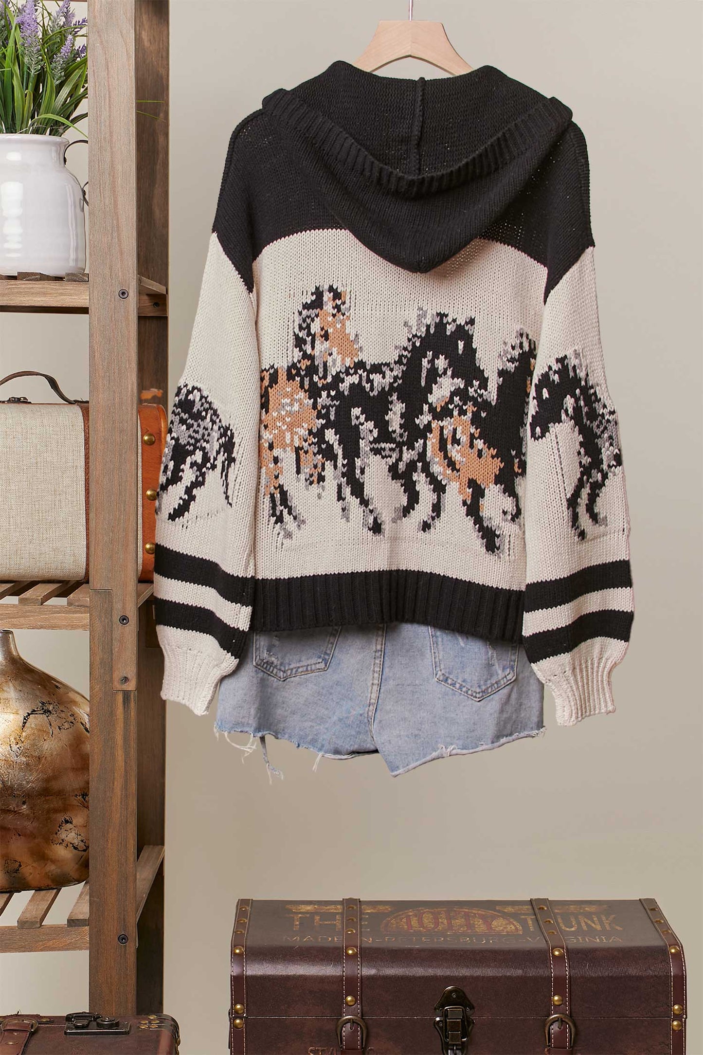 Horse Pattern Hooded Cardigan