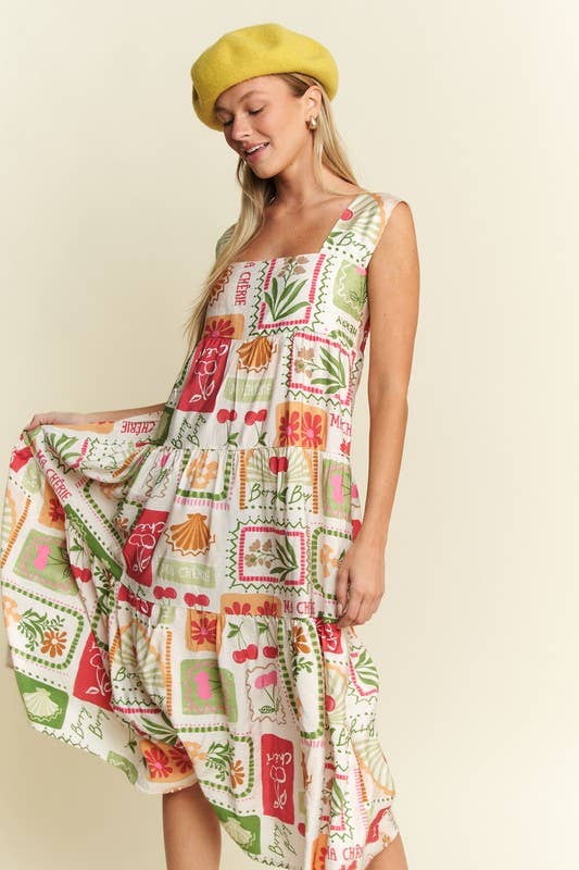 FRUITY PLANTS MULTICOLOR SLEEVELESS MIDI DRESS