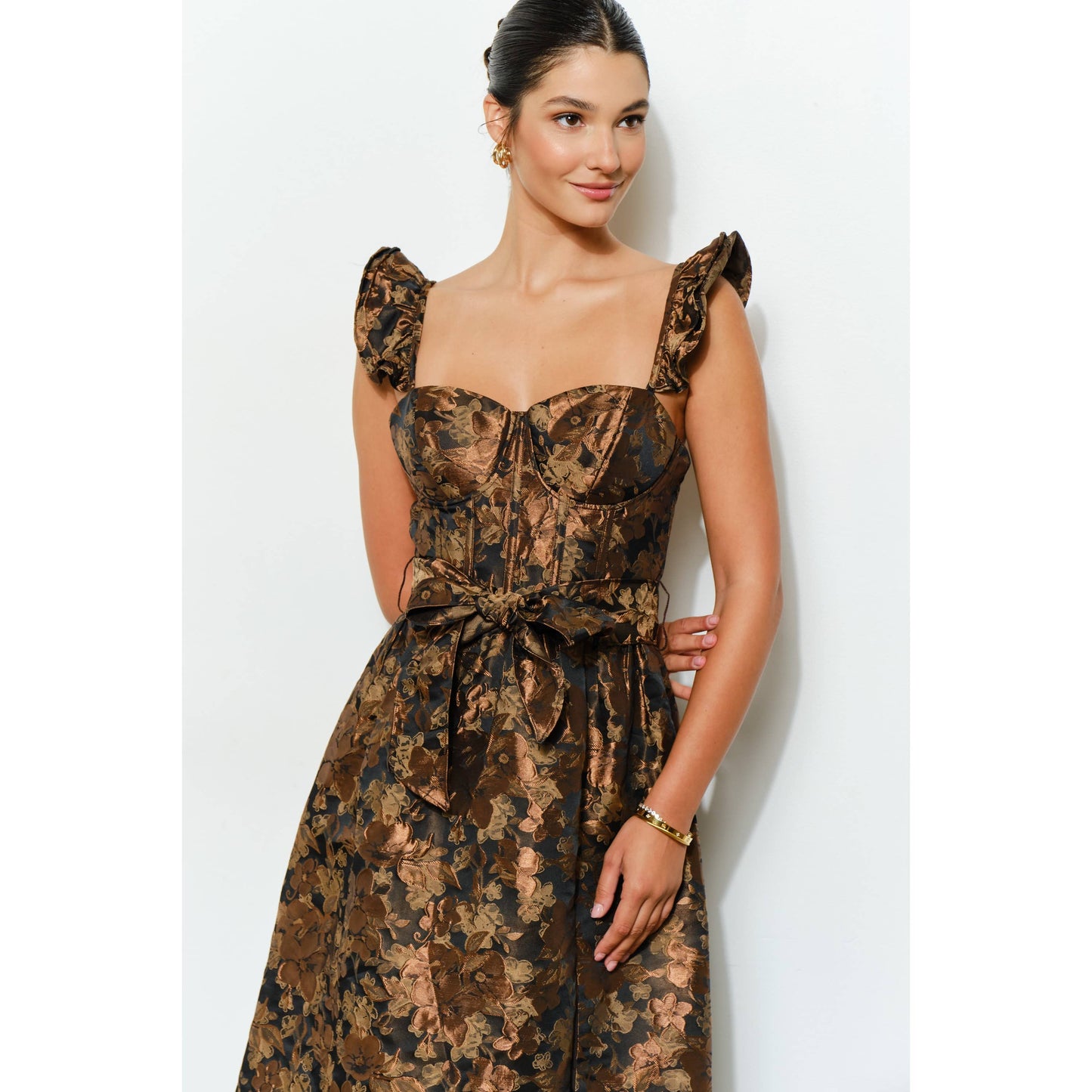 Floral Jacquard Corset-Style Midi Dress