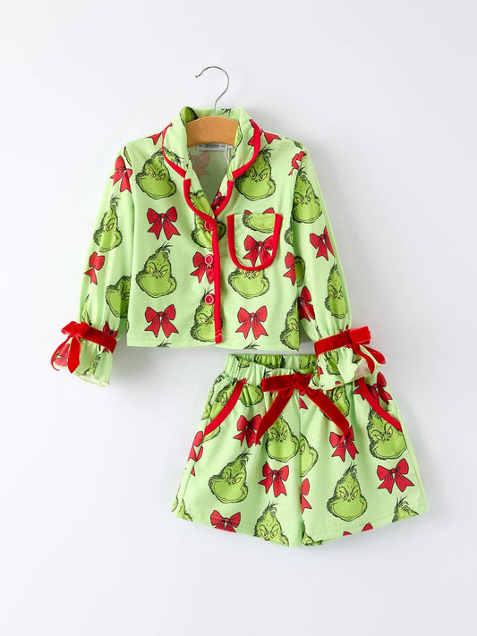 Green Christmas  Character Bow Print Girls Pajama Set
