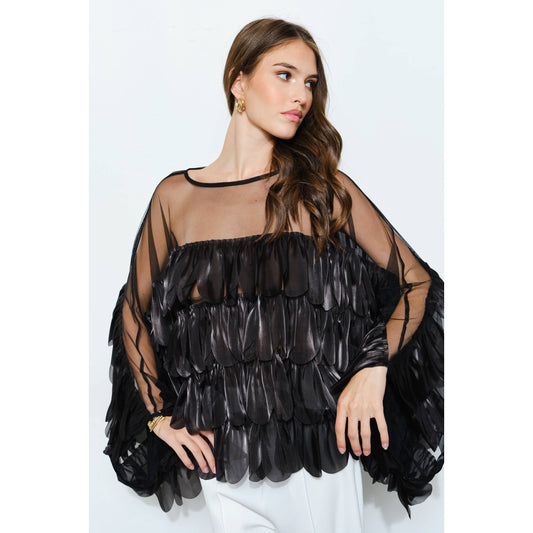 Shimmer Organza Scallop Ruffle Layered Blouse