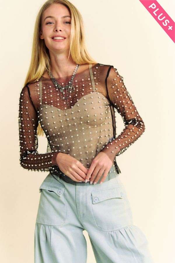 Pearl Embellished Mesh Top