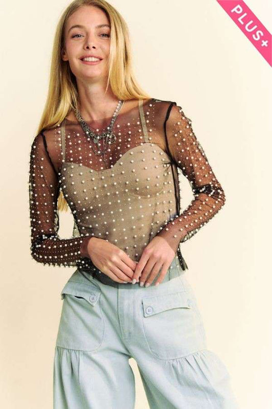 Pearl Embellished Mesh Top