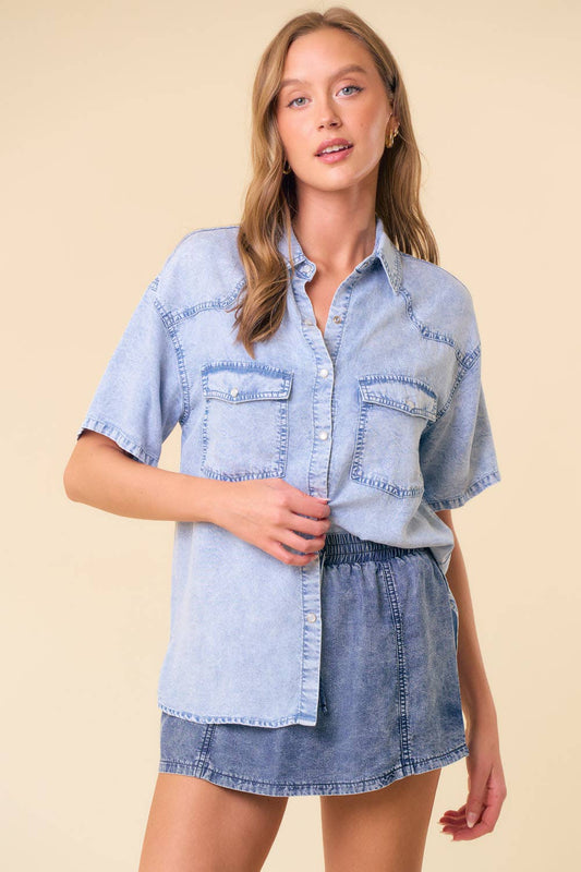 Oversized Denim Short Sleeve Button Up Shirt
