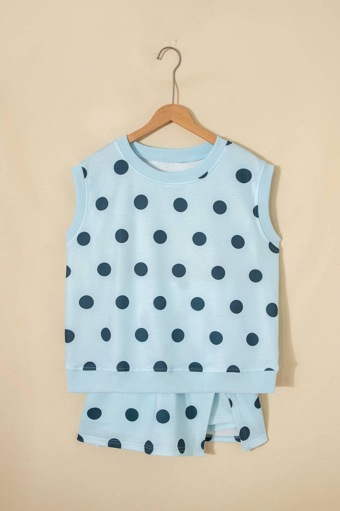 Ribbed Trim Polka Dot Tank Split Mini Skort Set