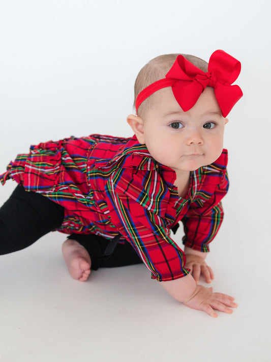 Baby Girls Red Nicholas Plaid Woven Long Sleeve Waterfall Bow Bubble Romper