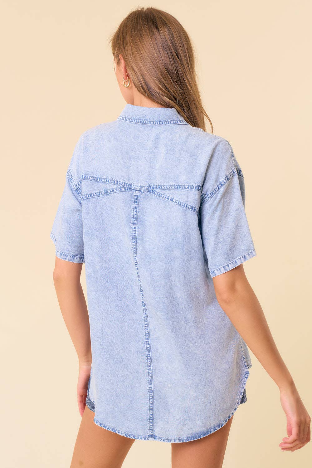Oversized Denim Short Sleeve Button Up Shirt