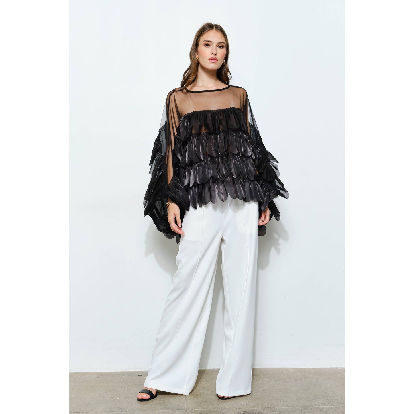Shimmer Organza Scallop Ruffle Layered Blouse