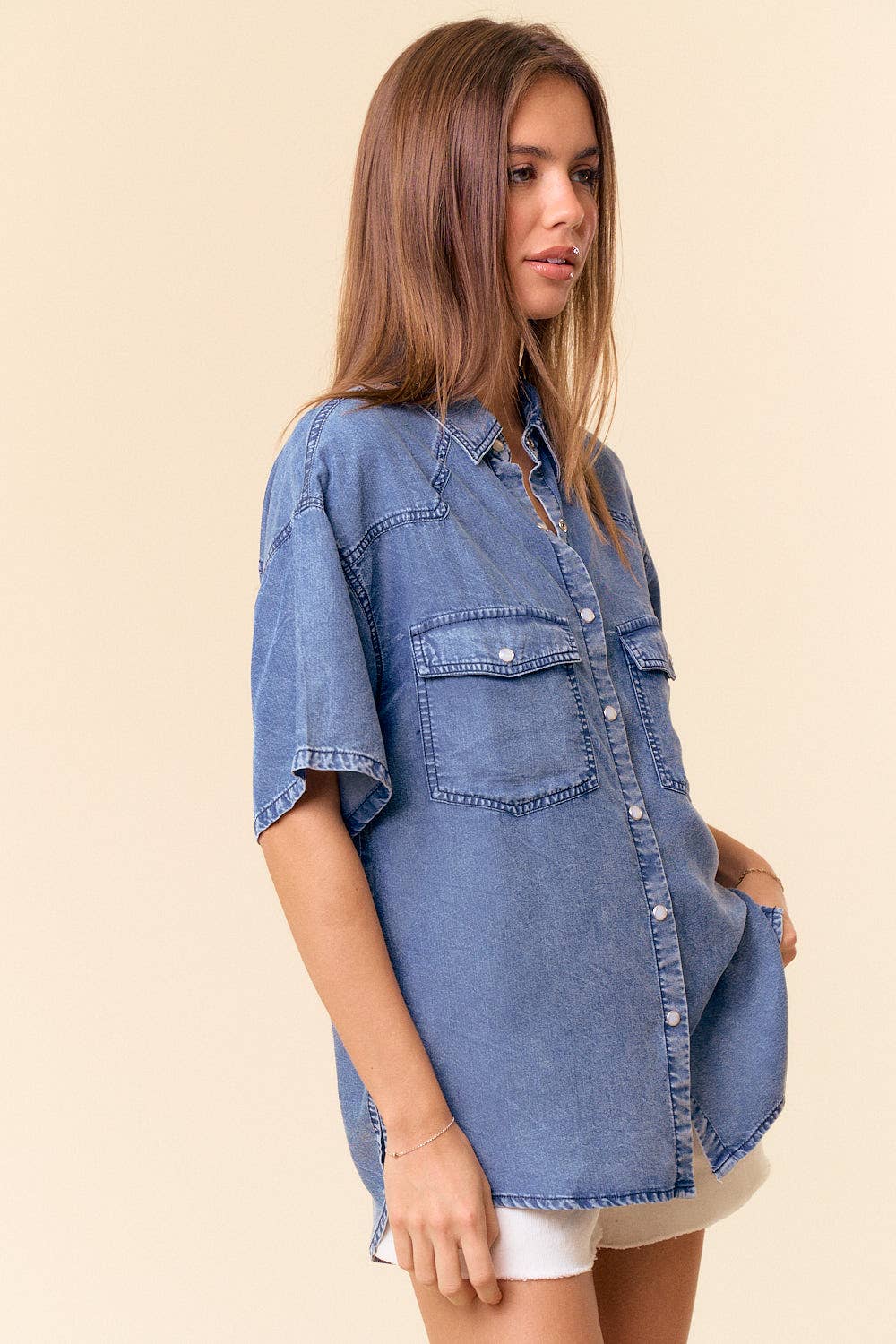 Oversized Denim Short Sleeve Button Up Shirt