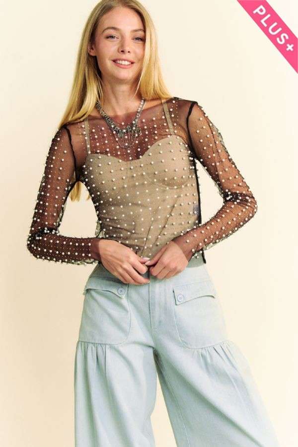Pearl Embellished Mesh Top