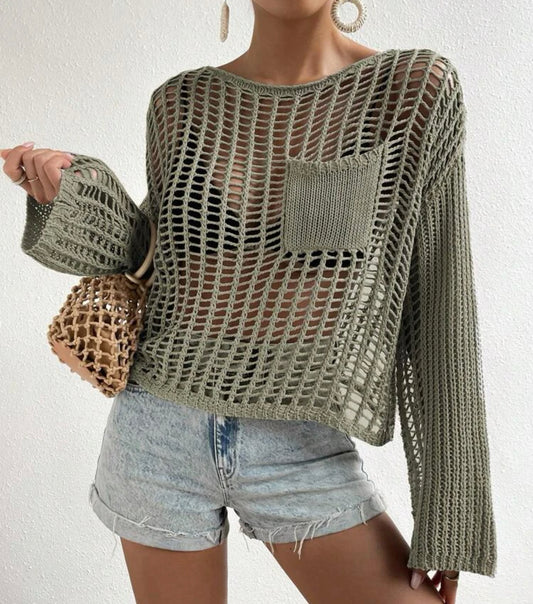 Pocket Open Knit Mesh Shirt