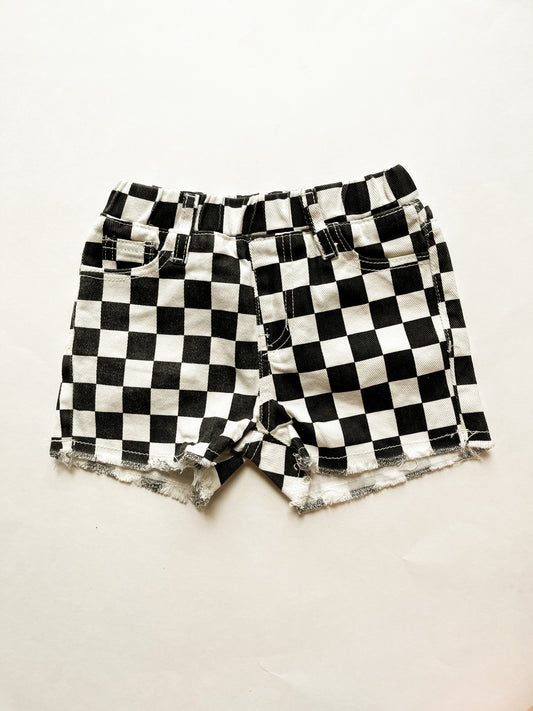 Checkered denim shorts
